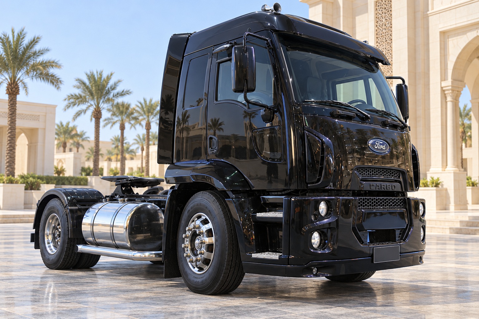 Ford Cargo — صورة توضيحية واقعية مولدة بالذكاء الاصطناعي؛ تمثيلية وليست تصويراً لوحدة مختبرة أو إثباتاً لكل سنة وفئة