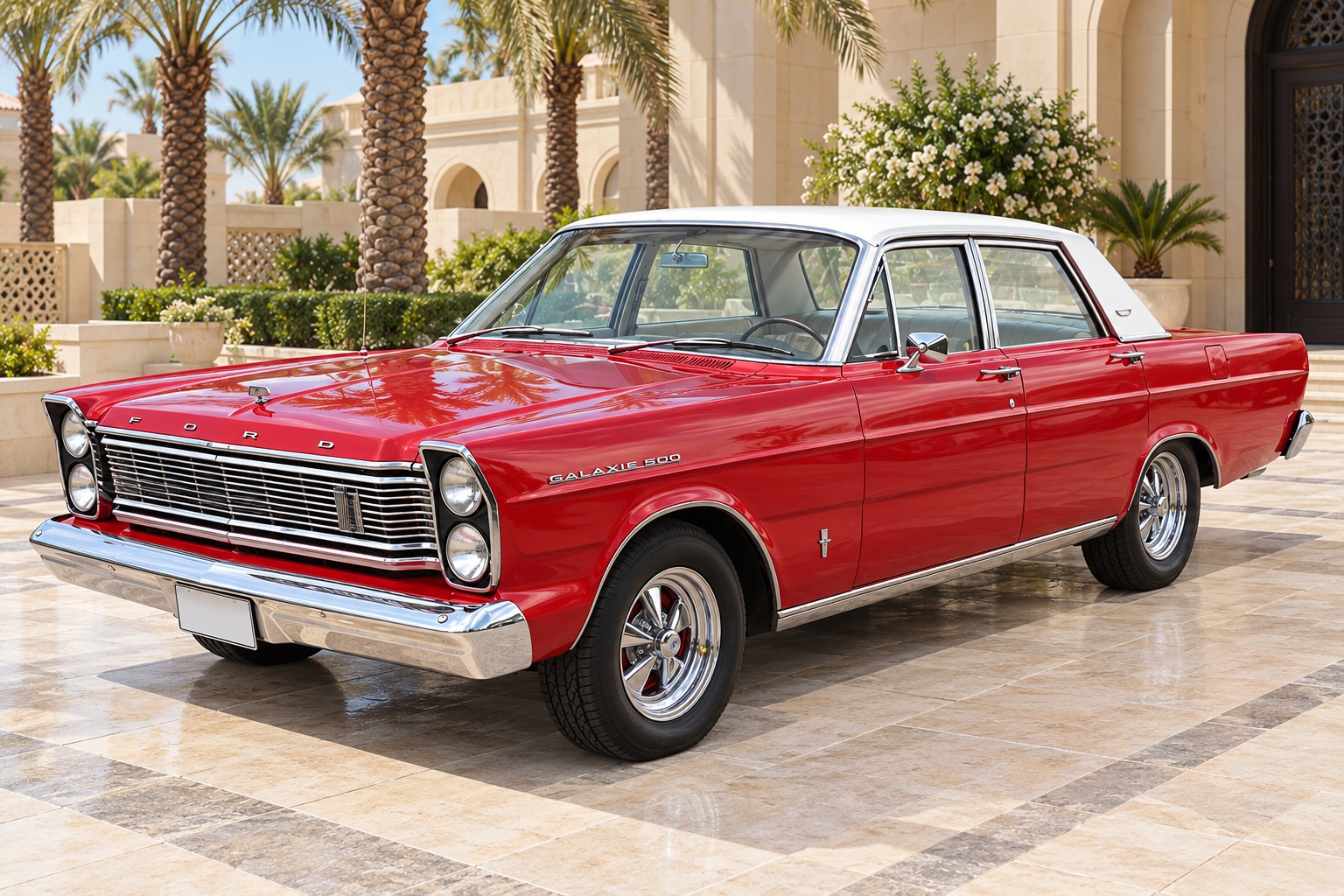 Ford Galaxie — صورة توضيحية واقعية مولدة بالذكاء الاصطناعي؛ تمثيلية وليست تصويراً لوحدة مختبرة أو إثباتاً لكل سنة وفئة