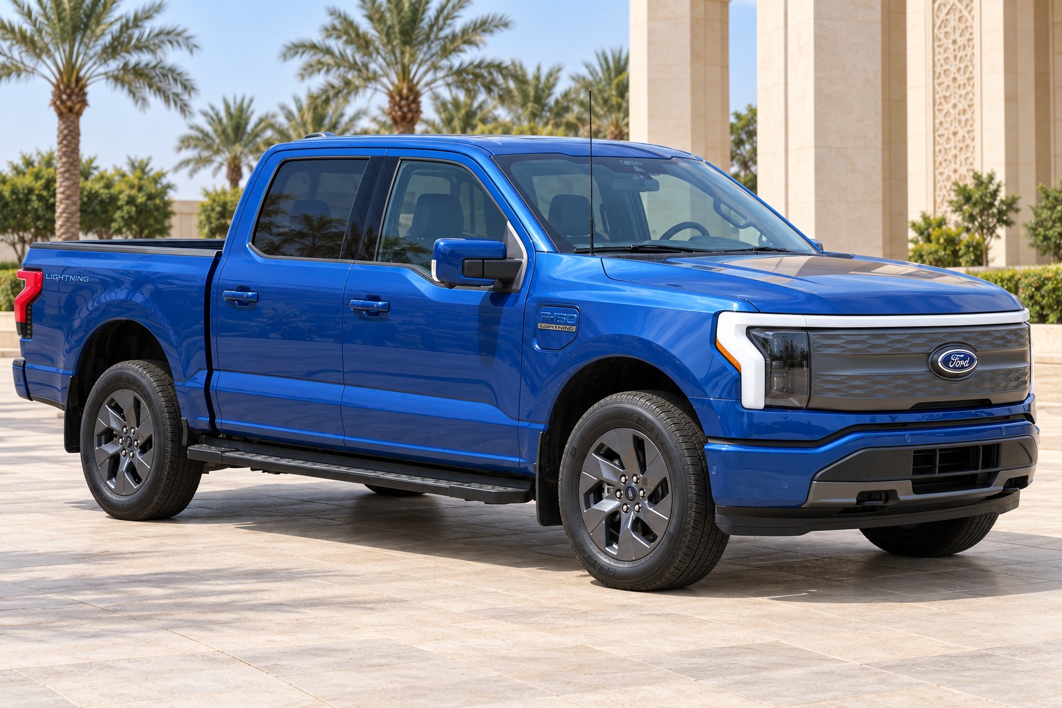 Ford F-150 Lightning — صورة توضيحية واقعية مولدة بالذكاء الاصطناعي؛ تمثيلية وليست تصويراً لوحدة مختبرة أو إثباتاً لكل سنة وفئة