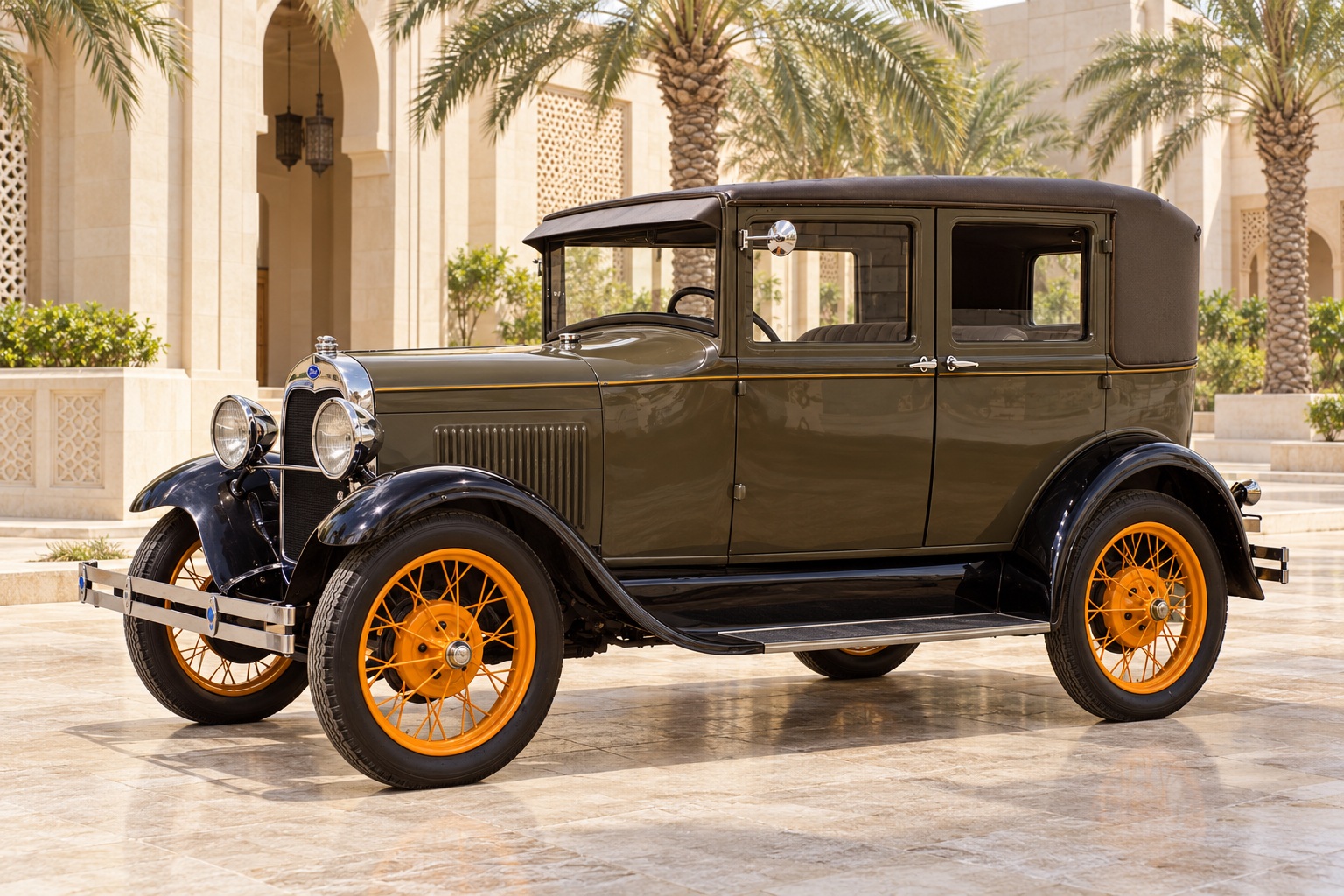 Ford Model A (1927 family) — صورة توضيحية واقعية مولدة بالذكاء الاصطناعي؛ تمثيلية وليست تصويراً لوحدة مختبرة أو إثباتاً لكل سنة وفئة
