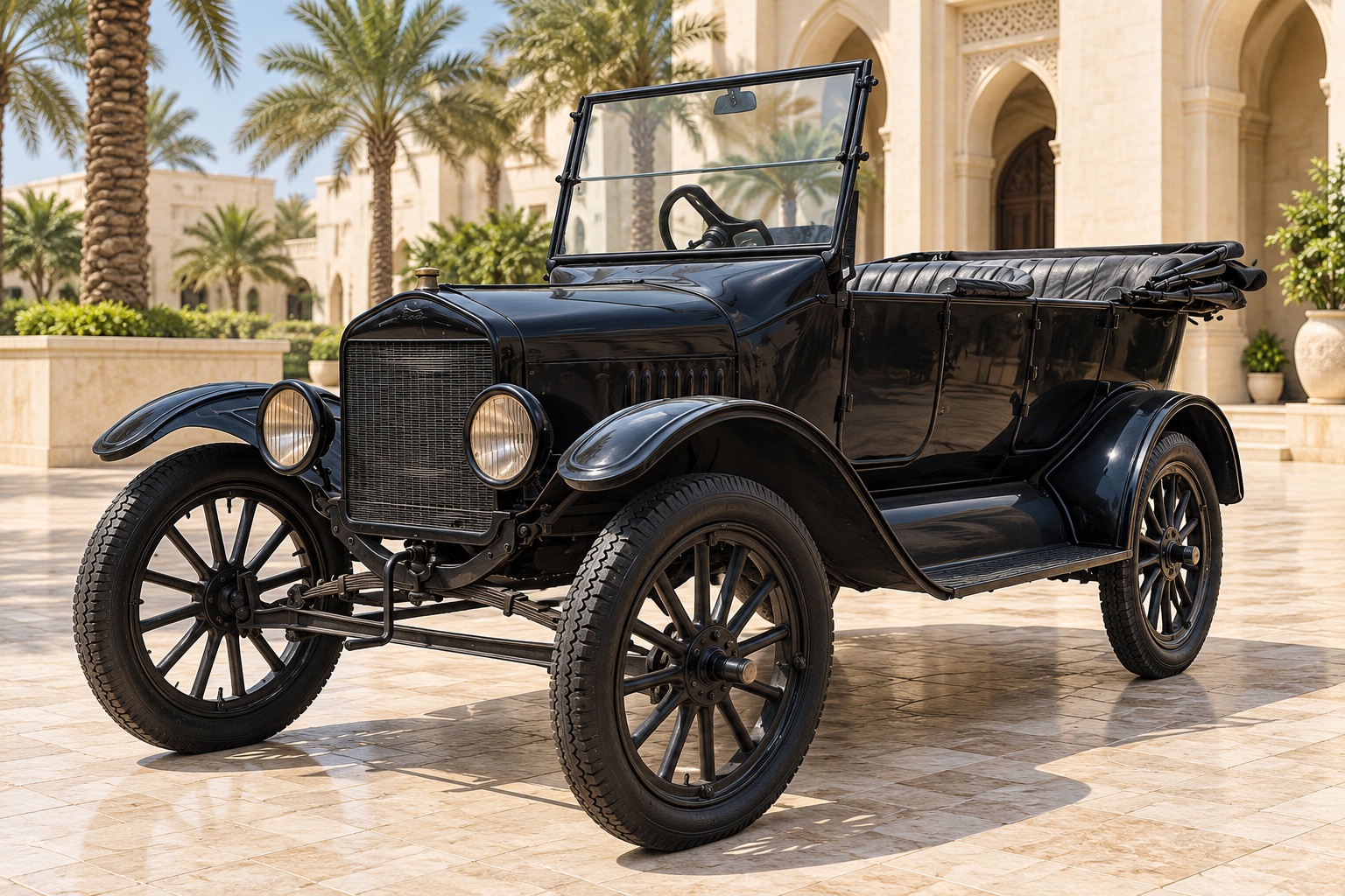 Ford Model T — صورة توضيحية واقعية مولدة بالذكاء الاصطناعي؛ تمثيلية وليست تصويراً لوحدة مختبرة أو إثباتاً لكل سنة وفئة