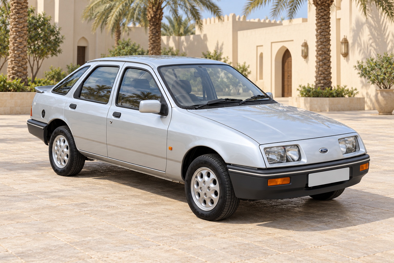 Ford Sierra — صورة توضيحية واقعية مولدة بالذكاء الاصطناعي؛ تمثيلية وليست تصويراً لوحدة مختبرة أو إثباتاً لكل سنة وفئة