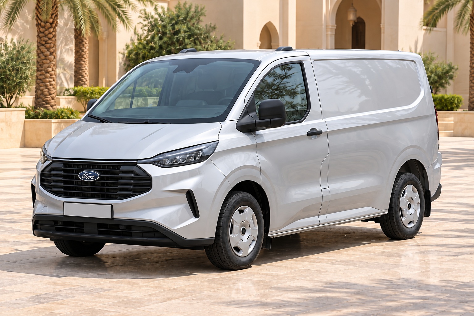 Ford Transit Custom — صورة توضيحية واقعية مولدة بالذكاء الاصطناعي؛ تمثيلية وليست تصويراً لوحدة مختبرة أو إثباتاً لكل سنة وفئة