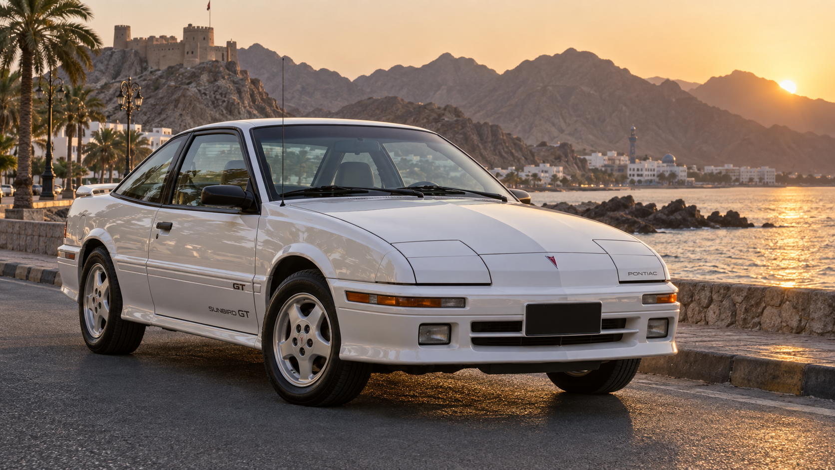 بونتياك Sunbird GT على طريق ساحلي في مسقط