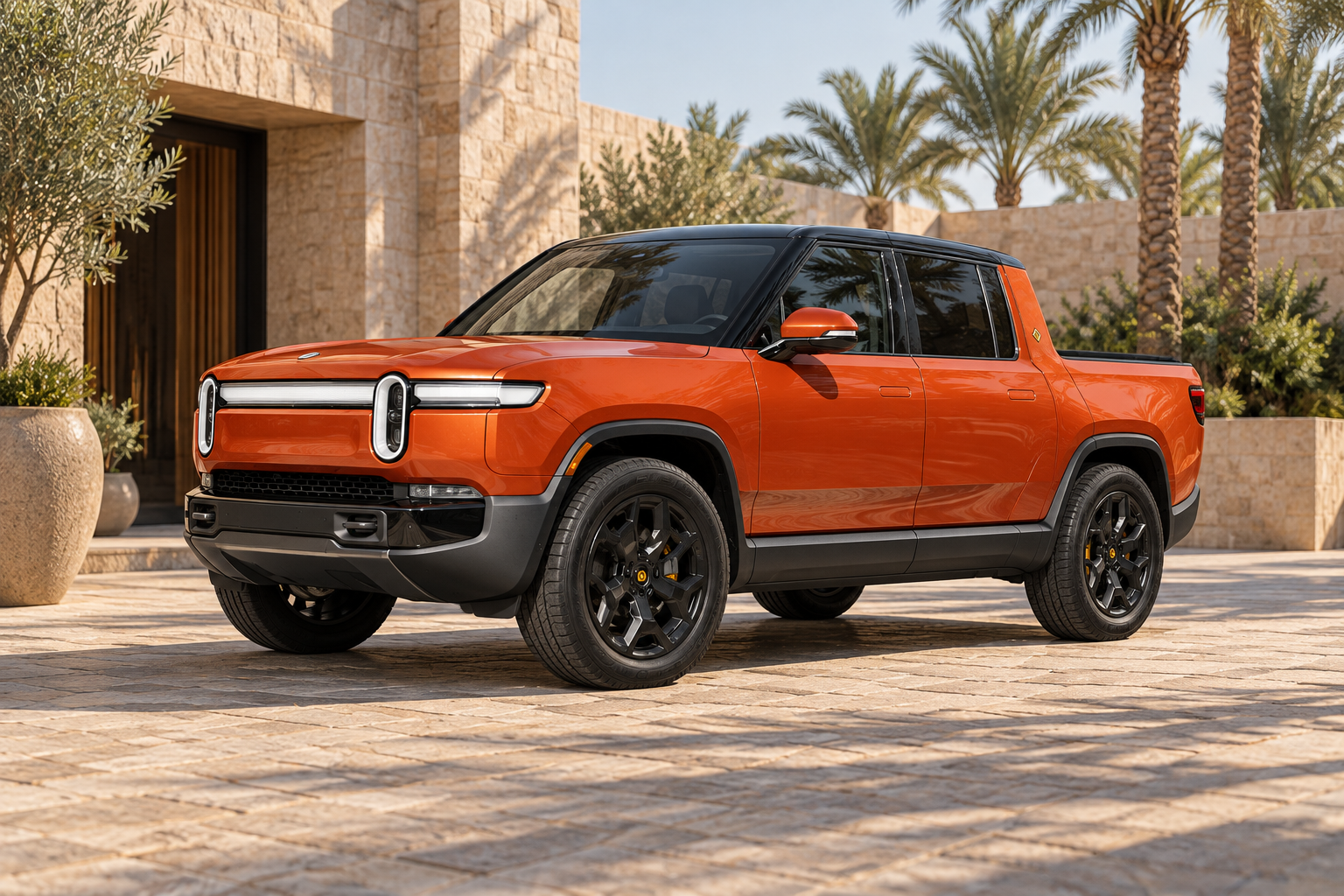 رسم تحريري مولد بالذكاء الاصطناعي لعائلة rivian r1t؛ تمثيل للعائلة وليس صورة أرشيفية أو إثبات سنة طراز أو فئة أو تجهيز خليجي محدد.