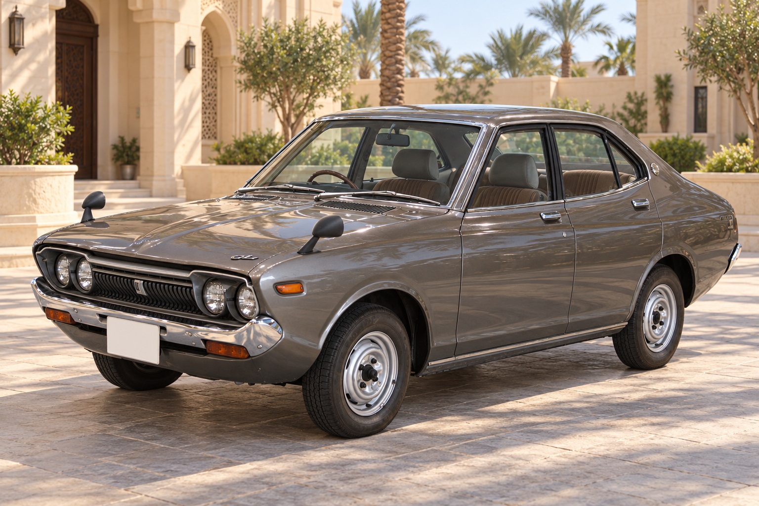 Datsun Nissan Violet — صورة توضيحية واقعية مولدة بالذكاء الاصطناعي؛ تمثيلية وليست تصويراً لوحدة مختبرة أو إثباتاً لكل سنة وفئة