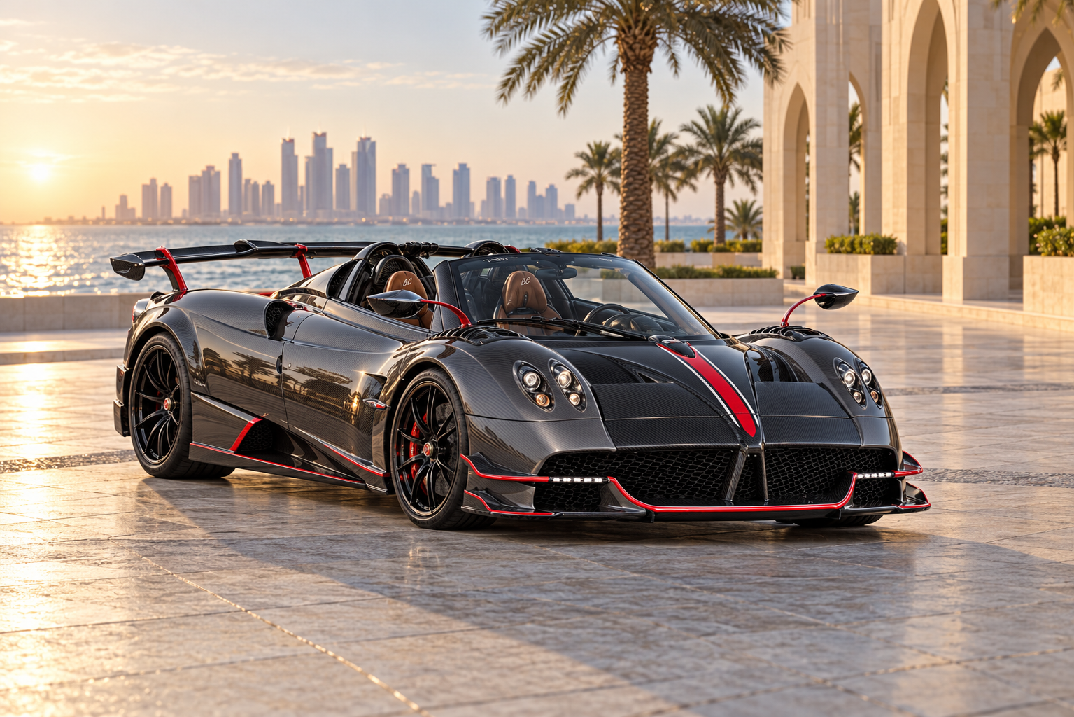 رسم تحريري أصلي مولد بالذكاء الاصطناعي لباغاني هوايرا Roadster BC؛ تمثيل للعائلة، وليس صورة كل نسخة أو سيارة فردية وردت في دليل 2020 أو إثباتاً لمواصفة سوق محدد.