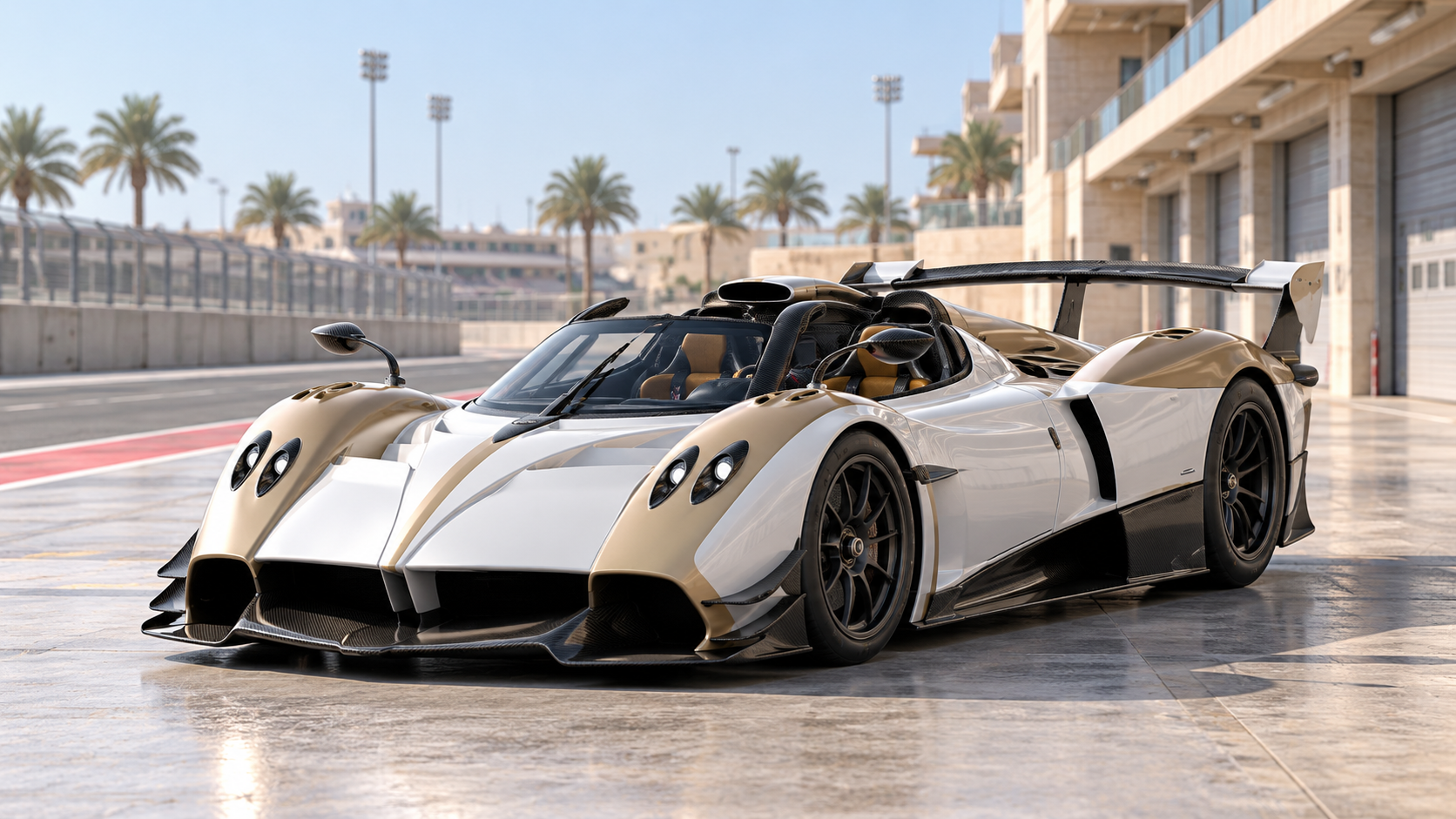 رسم تحريري أصلي مولد بالذكاء الاصطناعي لباغاني هوايرا R Evo Roadster للحلبة؛ تمثيل للعائلة، وليس صورة كل نسخة أو سيارة فردية وردت في دليل 2024 أو إثباتاً لمواصفة سوق محدد.