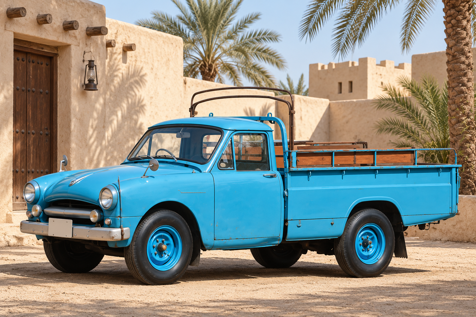 رسم تحريري لتويوبيت ستاوت RK35 موديل 1959 باللون الأزرق في ساحة خليجية