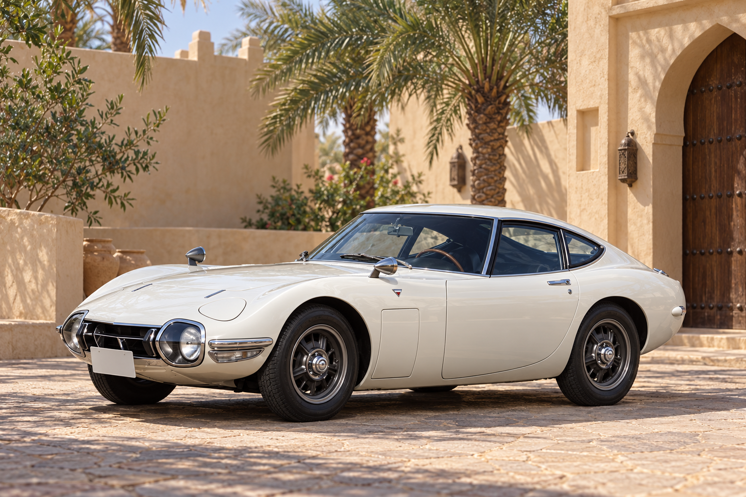 رسم تحريري لتويوتا 2000GT MF10 موديل 1967 باللون الأبيض في ساحة خليجية