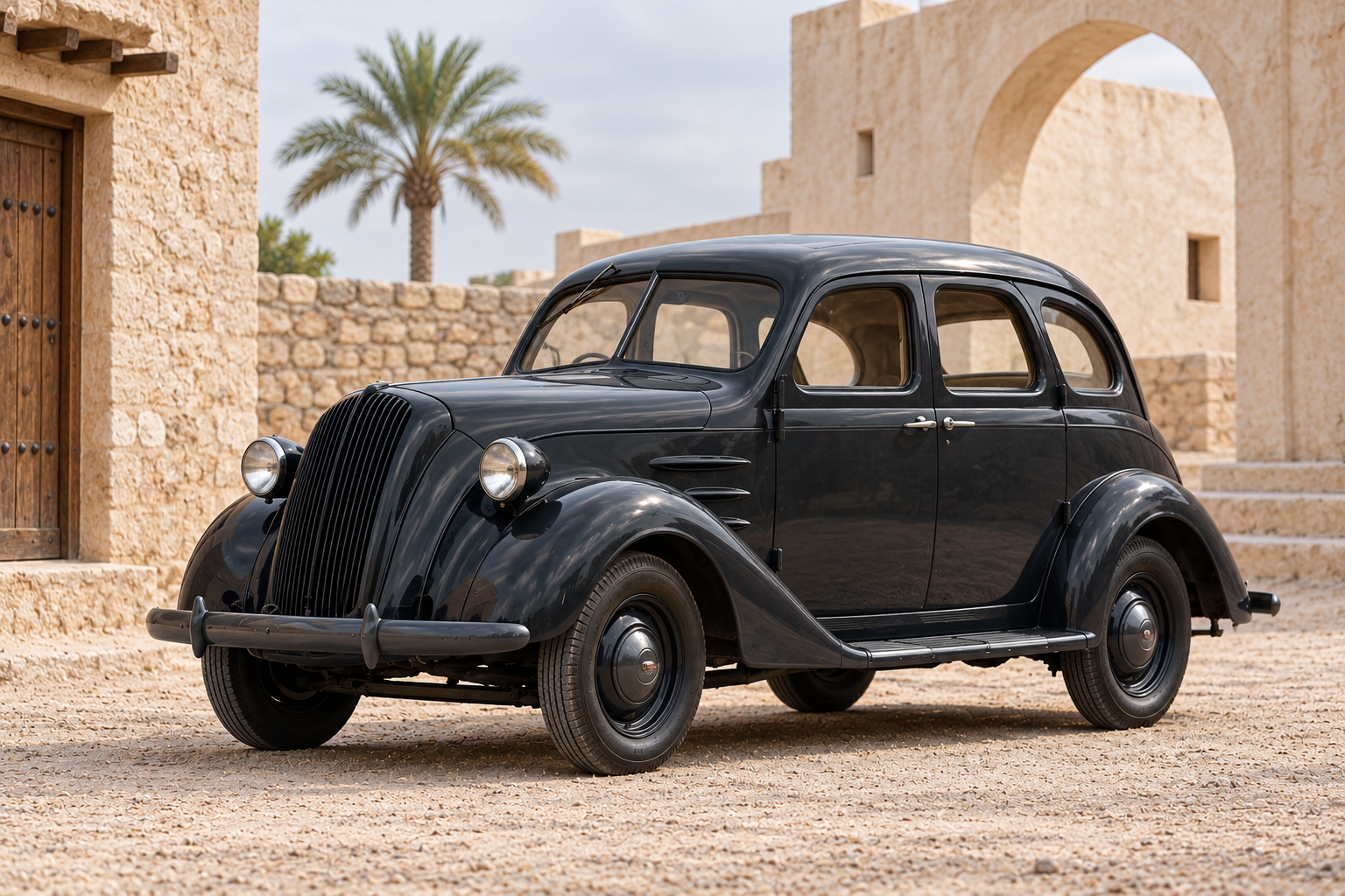 تمثيل تحريري أصلي لتويوتا AC بملامح 1943 وشبك مطلي بلون الجسم في فناء خليجي