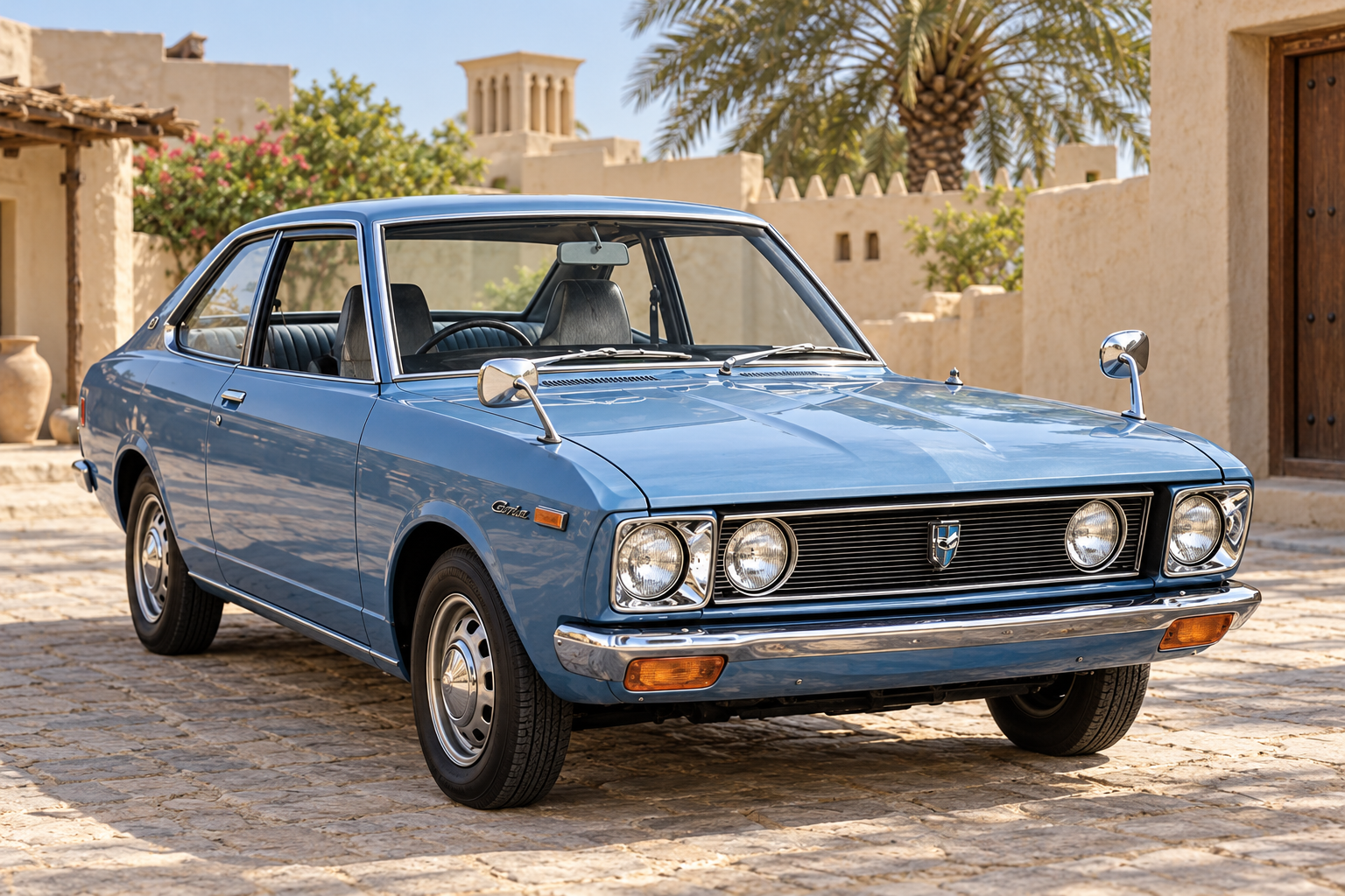 تويوتا كارينا 1600 ST بهيئة سيدان البابين اليابانية 1970 باللون الأزرق في ساحة خليجية