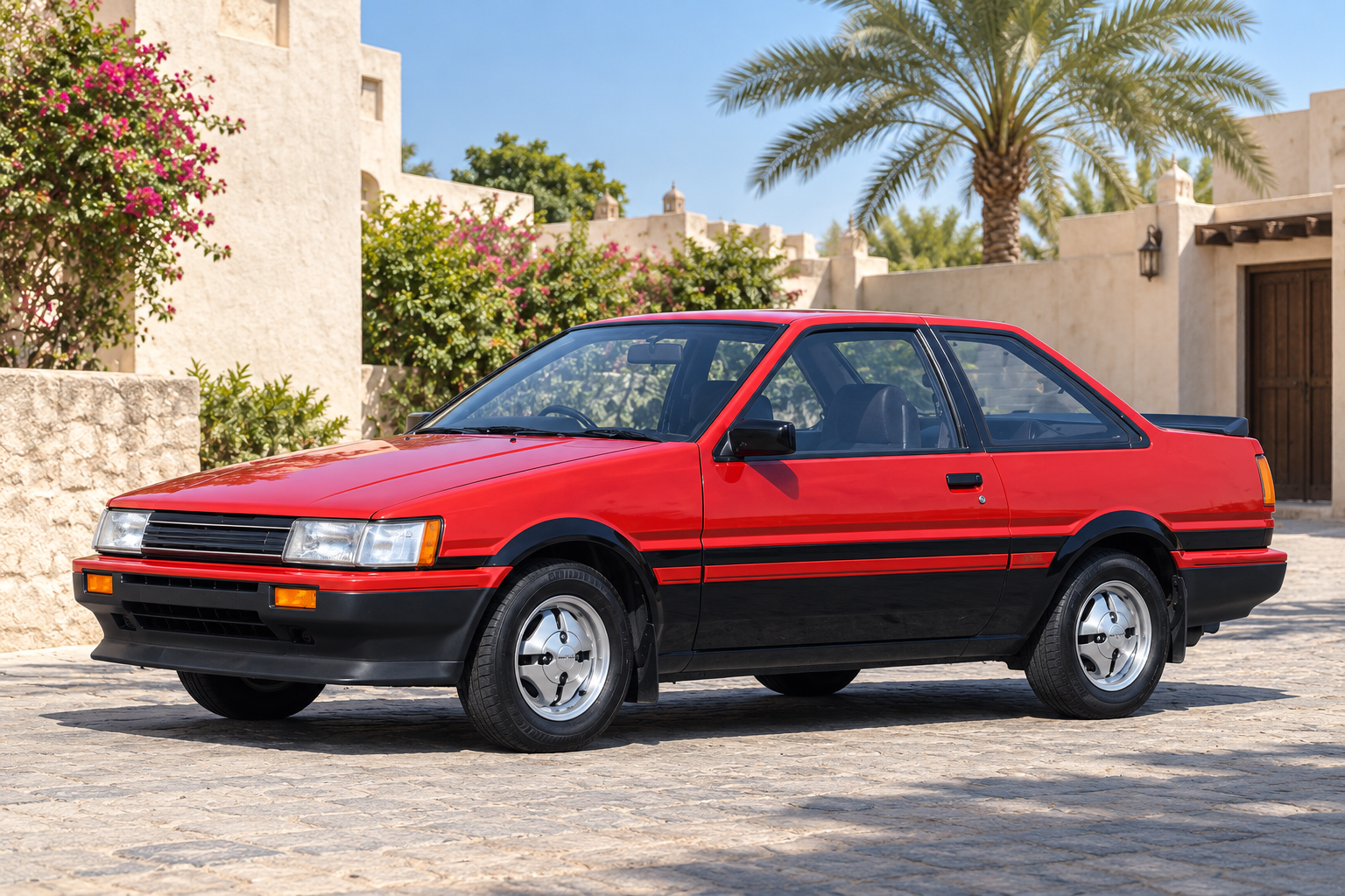 كورولا ليفين AE86 حمراء وسوداء بهيئة 1983 في ساحة خليجية