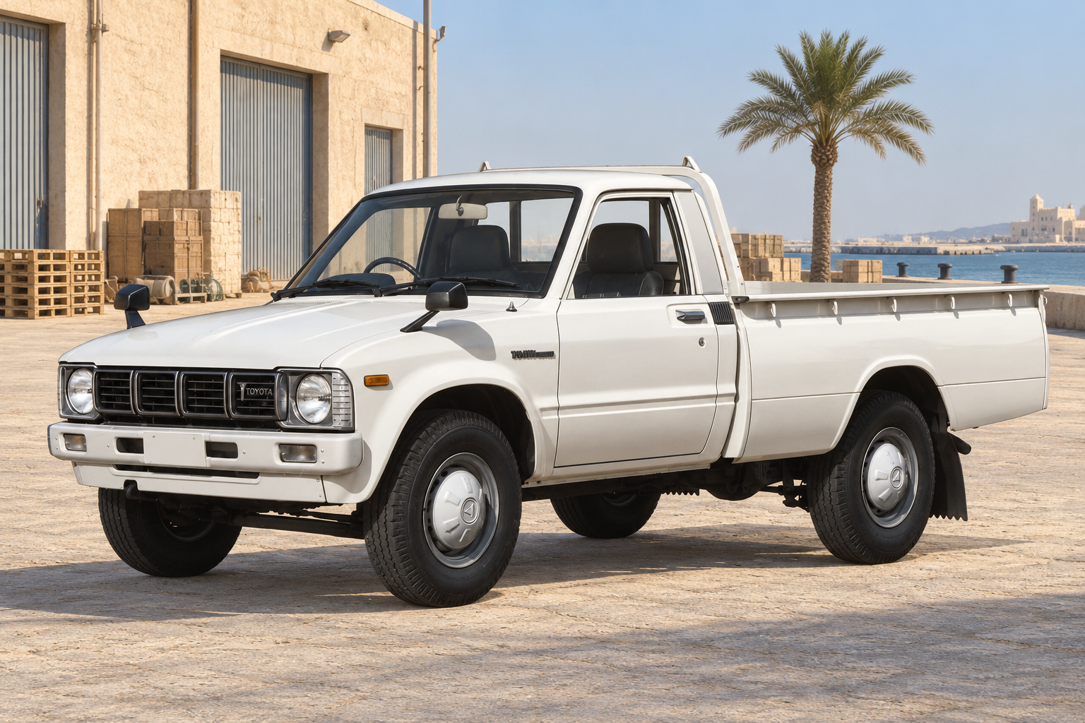 تويوتا ستاوت RK110 مفردة المقصورة بهيئة 1979 وصندوق طويل في ساحة خليجية